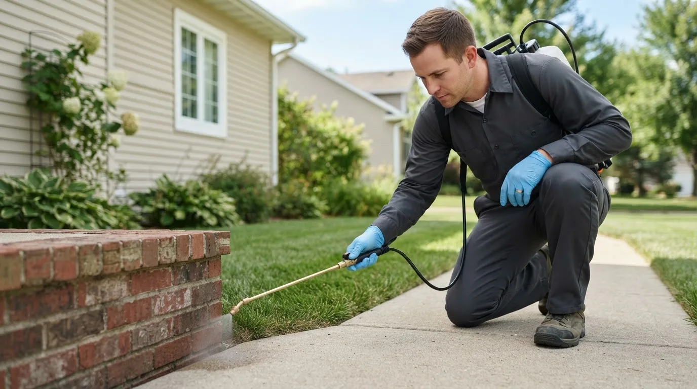 Pest control technician treating a home near Mineral City, OH